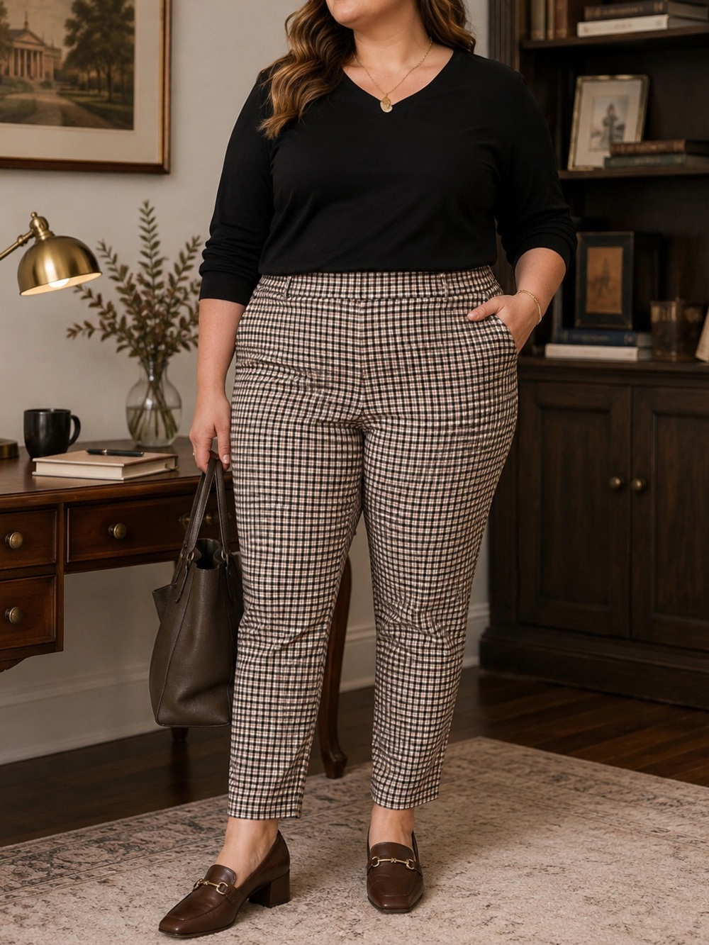 Worthington Women’s 24W Plaid Pull On Pants Brown Beige Black Stretch Workwear